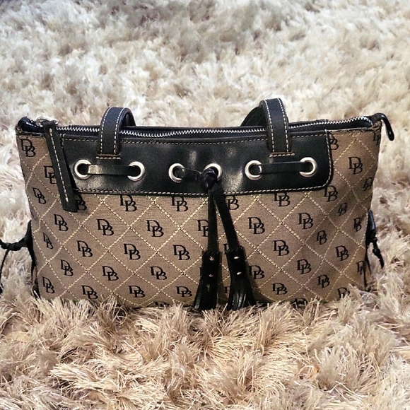 Vintage Dooney & Bourke Black and Tan Monogram Shoulder Bag - Picture 1 of 8